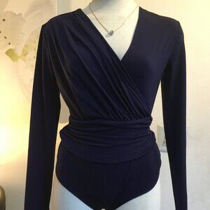MARCIANO By GUESS Wrapped Bodysuit Top Long Sleeve Stretchy Beaded Waist Blue S